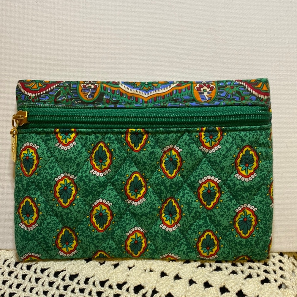 Americana by Sharif quilted green cosmetic bag with gold zipper